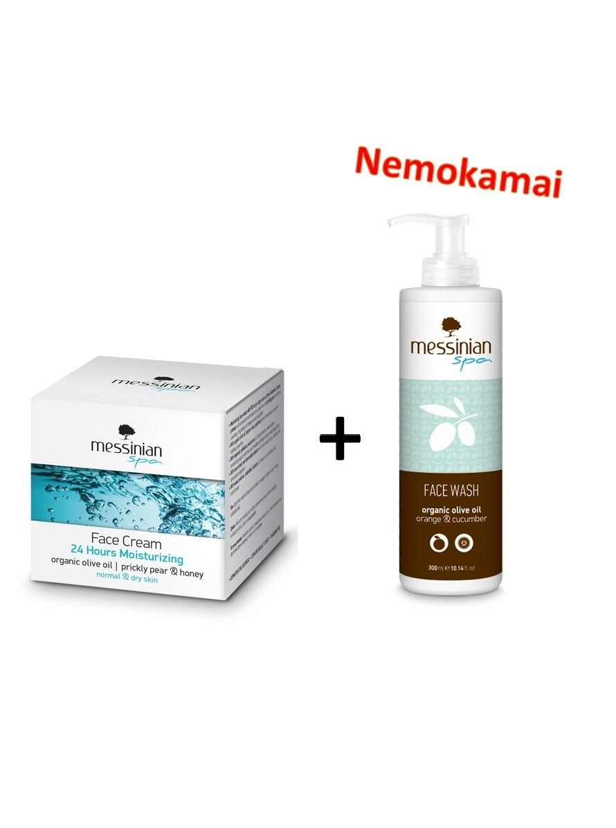 24 valandas drėkinantis veido kremas normaliai ir sausai odai, 50ml + Veido prausiklis su apelsinais ir agurkų ekstraktu, 300ml NEMOKAMAI