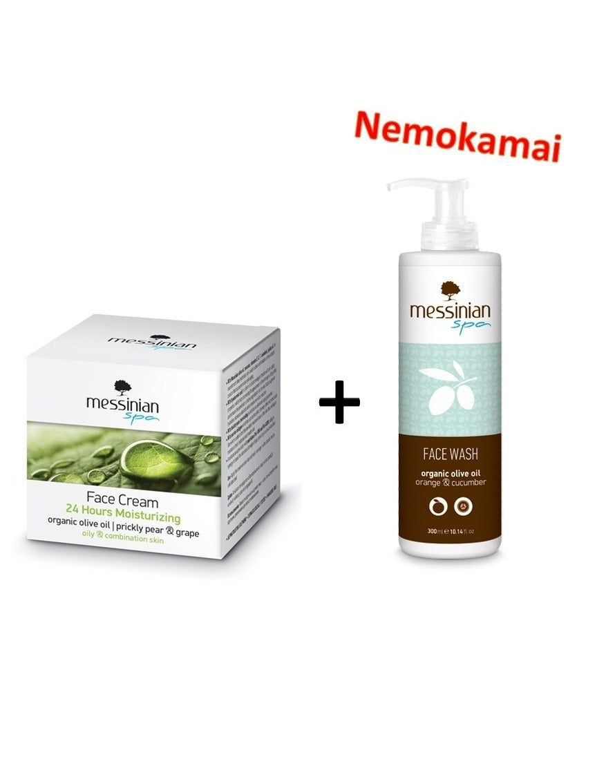 24 valandas drėkinantis veido kremas riebiai ir mišriai veido odai, 50ml + Veido prausiklis su apelsinais ir agurkų ekstraktu, 300ml NEMOKAMAI